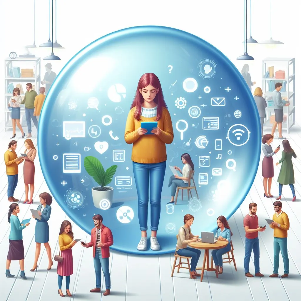 Girl holding a tablet who is surrounded by technology-related icons inside of a blue circle. The blue circle is surrounded by a series of small groups of people who are engaged with technology items.